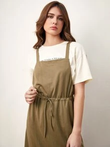 Mulvari 日文圖案補丁細節腰部抽繩洋裝不帶T恤 - 卡其色 - 查看 3