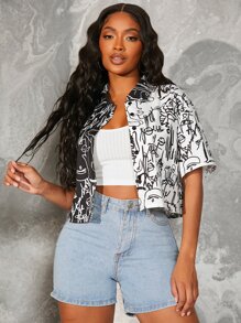 SHEIN Unity 抽象人物圖案落肩袖襯衫 - 黑與白 - 查看 1