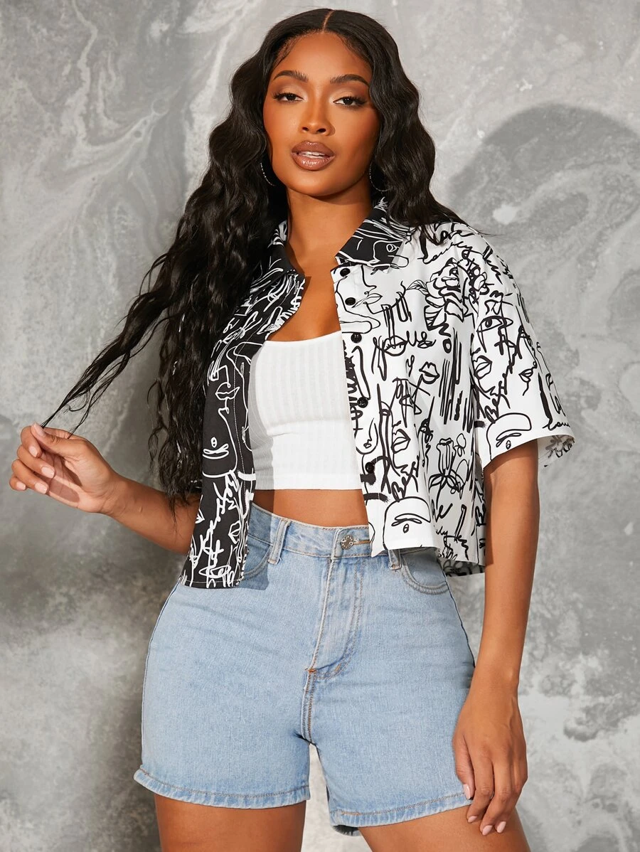 SHEIN Unity 抽象人物圖案落肩袖襯衫 - 黑與白 - 查看 1