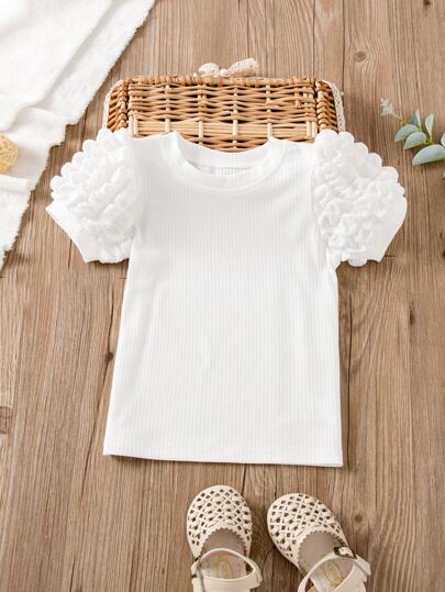 SHEIN Elladie kids Young Girls Summer Fashion Knitted Solid Color Rib Textured T-Shirt With Puff Sleeves, Crew Neck Pullover Top. Can Match With Sporty Casual Shorts For Daily Wear