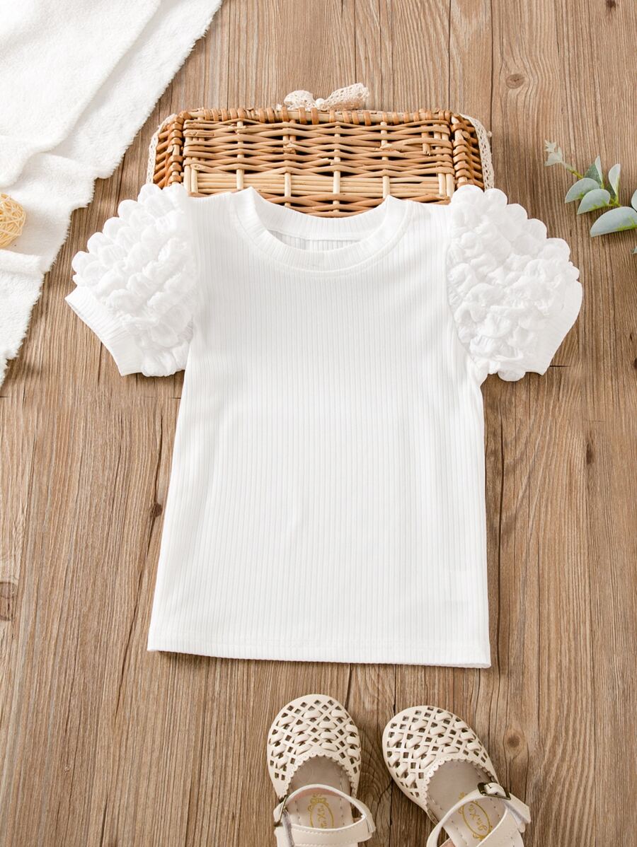 SHEIN Elladie kids 女童夏季时尚针织纯色罗纹T恤，泡泡袖，圆领套头衫。可搭配运动休闲短裤，日常穿着。 - 白色 - 查看 1