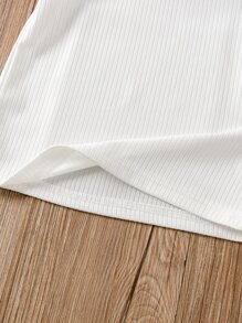 SHEIN Elladie kids 女童夏季时尚针织纯色罗纹T恤，泡泡袖，圆领套头衫。可搭配运动休闲短裤，日常穿着。 - 白色 - 查看 3