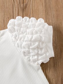 SHEIN Elladie kids 女童夏季时尚针织纯色罗纹T恤，泡泡袖，圆领套头衫。可搭配运动休闲短裤，日常穿着。 - 白色 - 查看 4