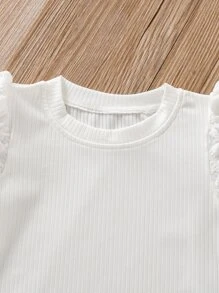 SHEIN Elladie kids 女童夏季时尚针织纯色罗纹T恤，泡泡袖，圆领套头衫。可搭配运动休闲短裤，日常穿着。 - 白色 - 查看 5