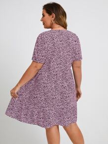 Plus Dalmatian Print Puff Sleeve Fake Button Dress - Pink - View 2