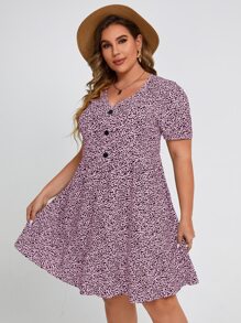 Plus Dalmatian Print Puff Sleeve Fake Button Dress - Pink - View 3