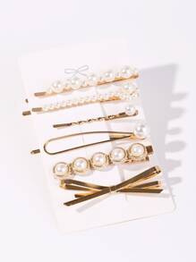 6个装仿珍珠装饰发夹，优雅蝴蝶结，情人节礼物，发爪夹，发卡，学生用品，珍珠发饰，派对造型，发夹，头部饰品，发卡 - 彩色 - 查看 1