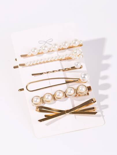 6个装仿珍珠装饰发夹，优雅蝴蝶结情人节爪夹，发爪发卡，发夹，学生用品，珍珠发饰，派对造型，发卡，头部饰品
