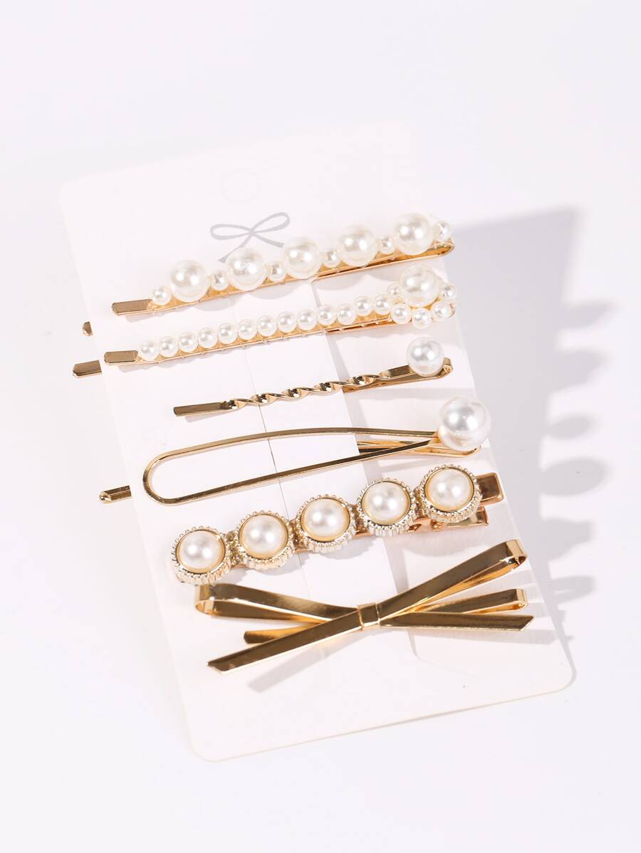 6个装仿珍珠装饰发夹，优雅蝴蝶结，情人节礼物，发爪夹，发卡，学生用品，珍珠发饰，派对造型，发夹，头部饰品，发卡 - 彩色 - 查看 1