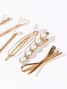 6个装仿珍珠装饰发夹，优雅蝴蝶结，情人节礼物，发爪夹，发卡，学生用品，珍珠发饰，派对造型，发夹，头部饰品，发卡 - 彩色 - 查看 3