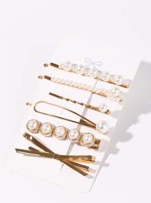 6个装仿珍珠装饰发夹，优雅蝴蝶结，情人节礼物，发爪夹，发卡，学生用品，珍珠发饰，派对造型，发夹，头部饰品，发卡 - 彩色 - 查看 5