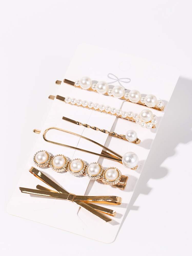 6个装仿珍珠装饰发夹，优雅蝴蝶结情人节爪夹，发爪发卡，发夹，学生用品，珍珠发饰，派对造型，发卡，头部饰品 - 彩色 - 查看 5