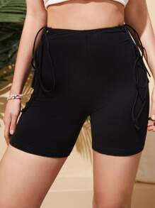 鏤空側邊綁帶騎行褲 - 黑色 - 查看 3