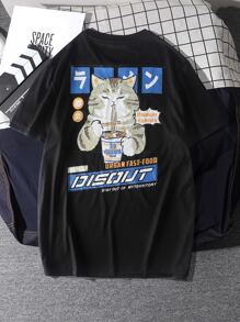 Manfinity 男士日文圖案和貓印花T恤 - 黑色 - 查看 1