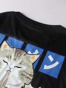 Manfinity 男士日文圖案和貓印花T恤 - 黑色 - 查看 5