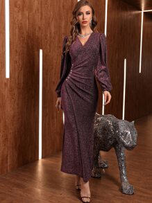 Modelyn Burgundy Red Rhinestone Split Lantern Sleeve Glitter Dress - Burgundy - View 3