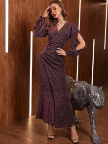 Modelyn Burgundy Red Rhinestone Split Lantern Sleeve Glitter Dress - Burgundy - View 6