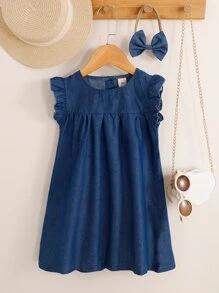 SHEIN Vestido De Niña Joven Con Ribete De Volantes, Botones En La Parte De Atrás Y Diadema A Juego - Azul Marino - Ver 1
