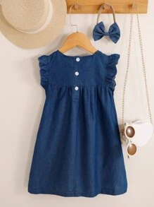 SHEIN Vestido De Niña Joven Con Ribete De Volantes, Botones En La Parte De Atrás Y Diadema A Juego - Azul Marino - Ver 2