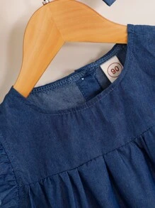 SHEIN Vestido De Niña Joven Con Ribete De Volantes, Botones En La Parte De Atrás Y Diadema A Juego - Azul Marino - Ver 3