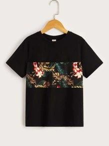 SHEIN Boys Tropical Print Tee - Black - View 1