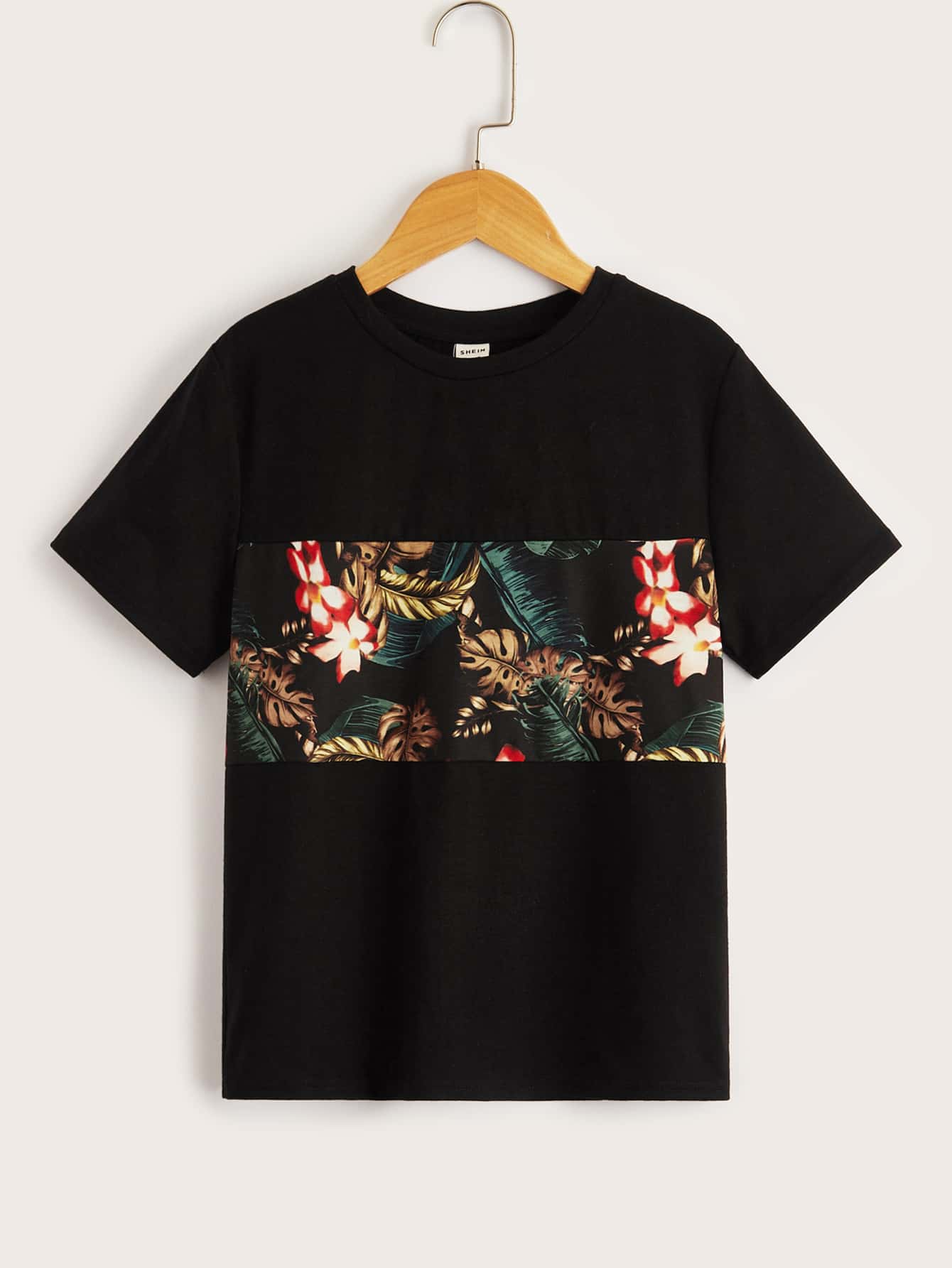 SHEIN Boys Tropical Print Tee - Black - View 1