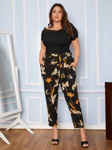 SHEIN Clasi Quần Plus Size Thắt lưng Túi Quần paper-bag Thú vật Boho - Nhiều màu - Xem 3