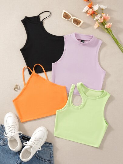 4 pezzi Canotta in maglia a coste con collo asimmetrico tagliato