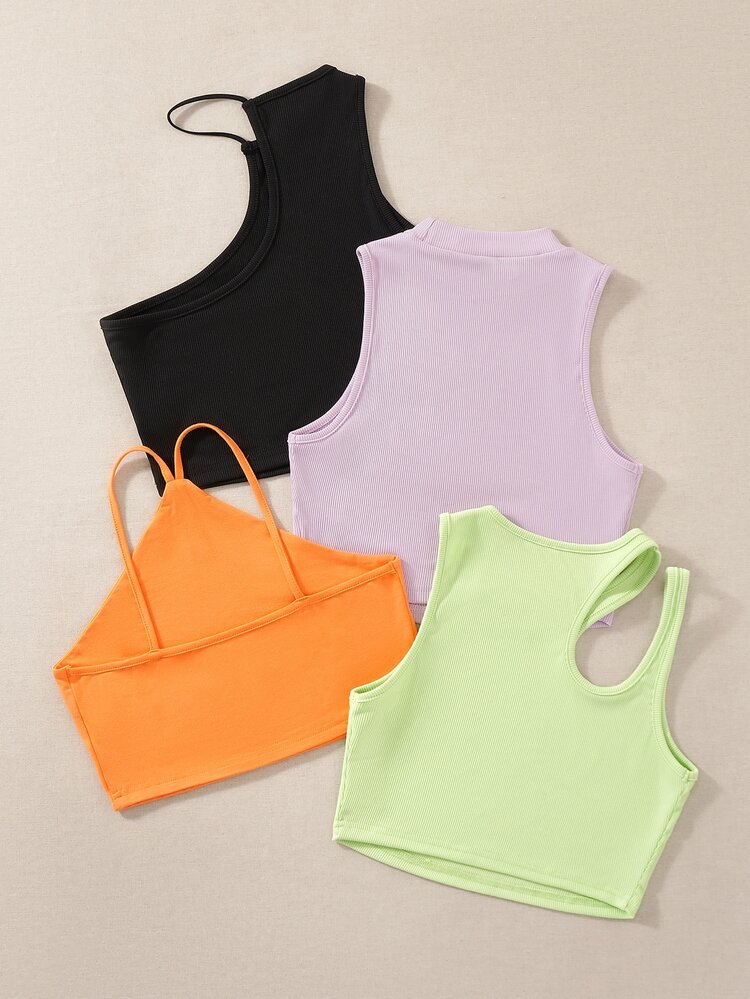 SHEIN Unity 4pcs Cut Out Asymmetrical Neck Ribbed Knit Tank Top - Multicolor - View 2