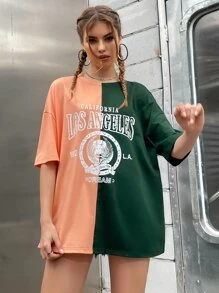 Damskie T-shirty Kolorowe bloki Litera Casual