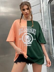 Damskie T-shirty Kolorowe bloki Litera Casual