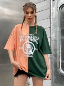 Damskie T-shirty Kolorowe bloki Litera Casual