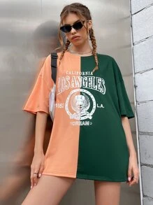 Damskie T-shirty Kolorowe bloki Litera Casual