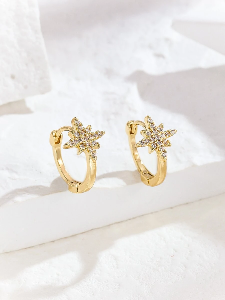 方晶鋯石裝飾圓耳環 - 金黃色 - 查看 1