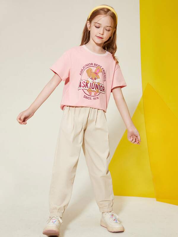 Tricou și pantaloni de trening pentru fete cu umăr căzut și model iepure