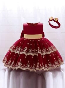 Girls' Satin Bow Back Puff Skirt Dress, Cute & Elegant Dress Suitable For School, Comes With Headband - Burgundy - View 3