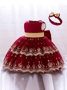 Girls' Satin Bow Back Puff Skirt Dress, Cute & Elegant Dress Suitable For School, Comes With Headband - Burgundy - View 6