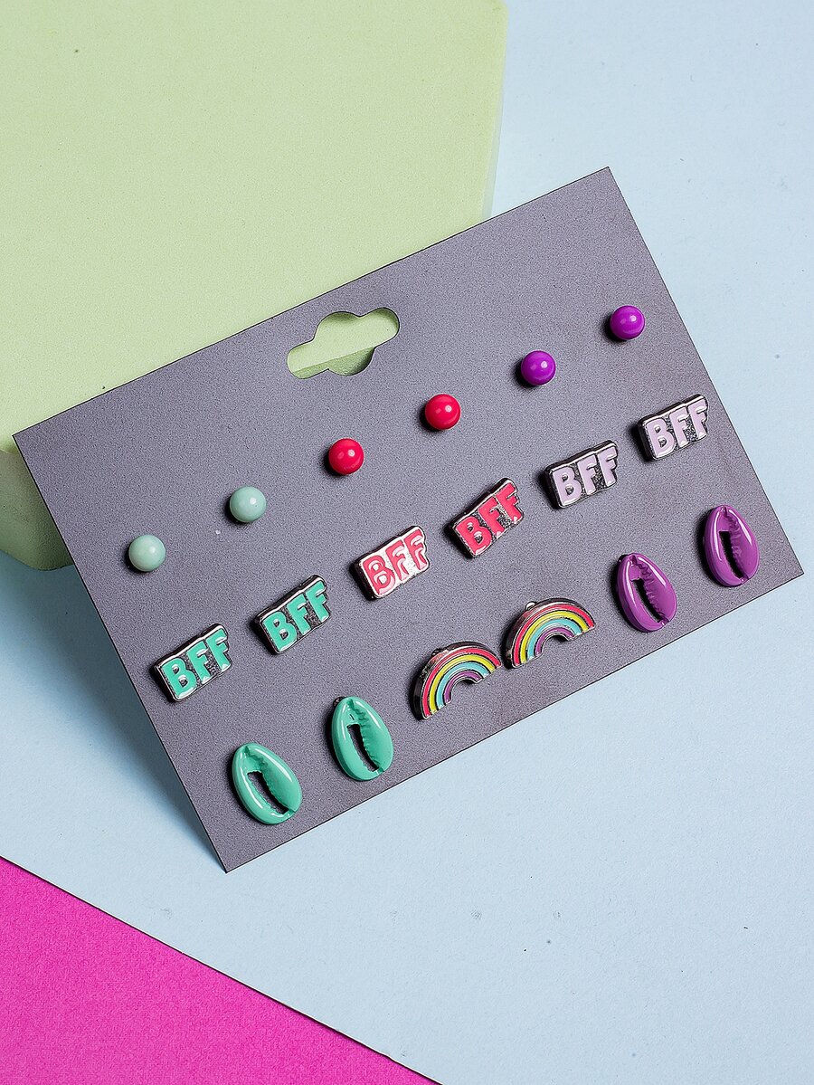 9對女孩字母和外殼設計耳環 - 彩色 - 查看 1