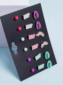 9對女孩字母和外殼設計耳環 - 彩色 - 查看 2