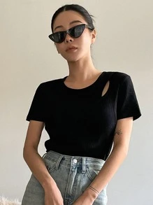 DAZY Cut Out Rib-knit Tee - Black - View 2