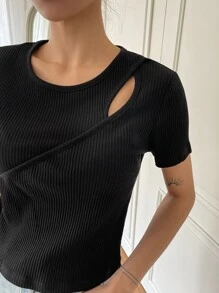 DAZY Cut Out Rib-knit Tee - Black - View 8