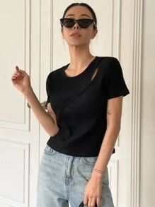 DAZY Cut Out Rib-knit Tee - Black - View 4