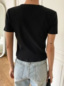 DAZY Cut Out Rib-knit Tee - Black - View 5