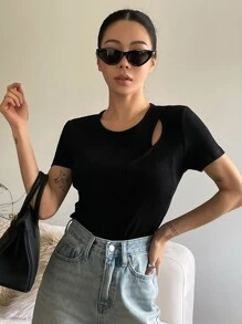 DAZY Cut Out Rib-knit Tee - Black - View 6