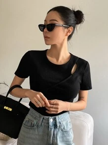 DAZY Cut Out Rib-knit Tee - Black - View 7