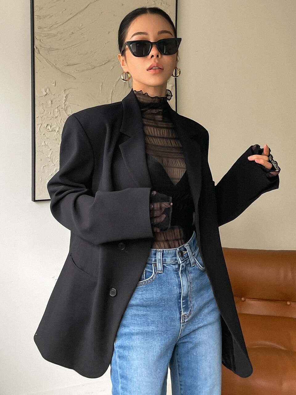 High Neck Lettuce Trim Textured Mesh Top Without Bra Going Out Tops Sheer Long Sleeve Women Tops,Fall Women Clothes