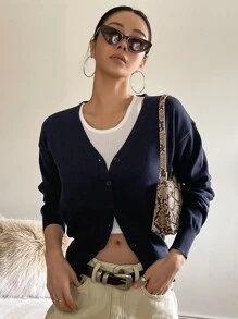 DAZY Drop Shoulder Button Up Cardigan,Long Sleeve Tops,Fall Clothes - Navy Blue - View 1