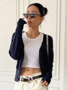 DAZY Drop Shoulder Button Up Cardigan,Long Sleeve Tops,Fall Clothes - Navy Blue - View 2