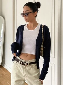 DAZY Drop Shoulder Button Up Cardigan,Long Sleeve Tops,Fall Clothes - Navy Blue - View 4