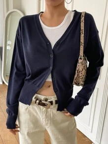 DAZY Drop Shoulder Button Up Cardigan,Long Sleeve Tops,Fall Clothes - Navy Blue - View 6